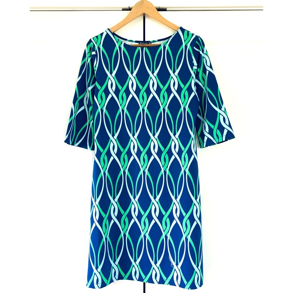 Melly M Dress Printed Shift Travel Nylon Jersey 3/4 Sleeve Geometric Size Small